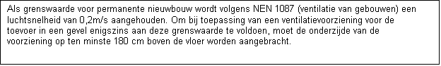 Tekstvak: Als grenswaarde voor permanente nieuwbouw wordt volgens NEN 1087 (ventilatie van gebouwen) een luchtsnelheid van 0,2m/s aangehouden. Om bij toepassing van een ventilatievoorziening voor de toevoer in een gevel enigszins aan deze grenswaarde te voldoen, moet de onderzijde van de voorziening op ten minste 180 cm boven de vloer worden aangebracht.

